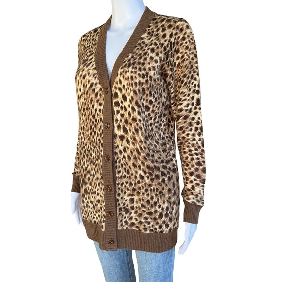 J. Mclaughlin Cashmere Cardigan Sweater Womens sz S Leopard Animal Print V-Neck - Picture 4 of 11